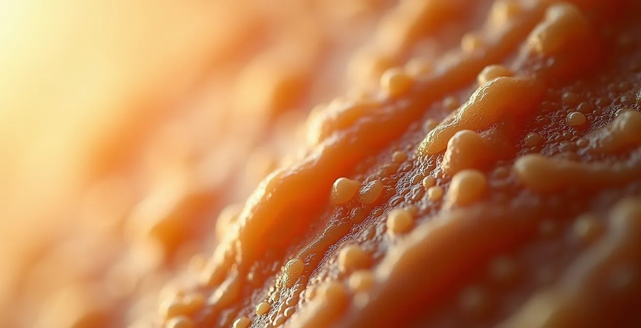 Détail macro de la texture de peau mature montrant les ridules et l'élasticité