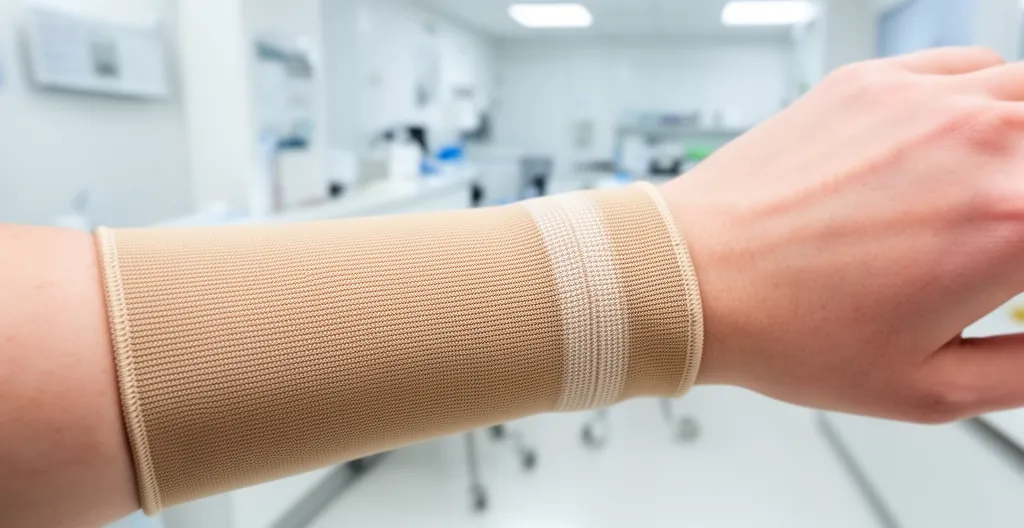 Détail d'un manchon de compression au niveau du poignet pour lymphœdème