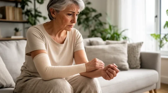 Femme observant son bras portant un manchon de compression lymphœdème