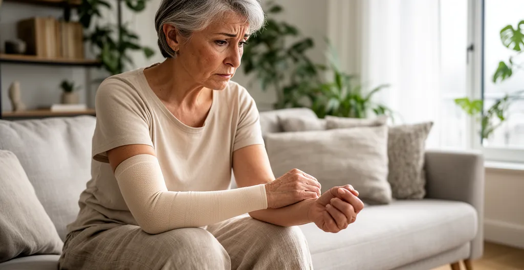 Femme observant son bras portant un manchon de compression lymphœdème