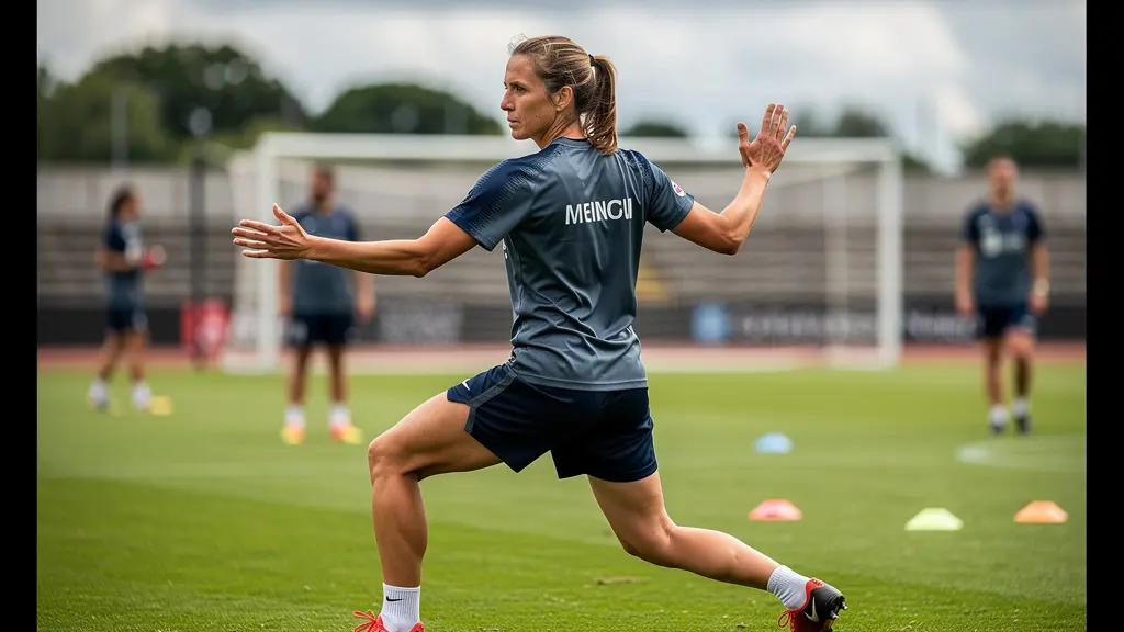 Footballeuse européenne réalisant un exercice d'échauffement dynamique sur terrain d'entraînement