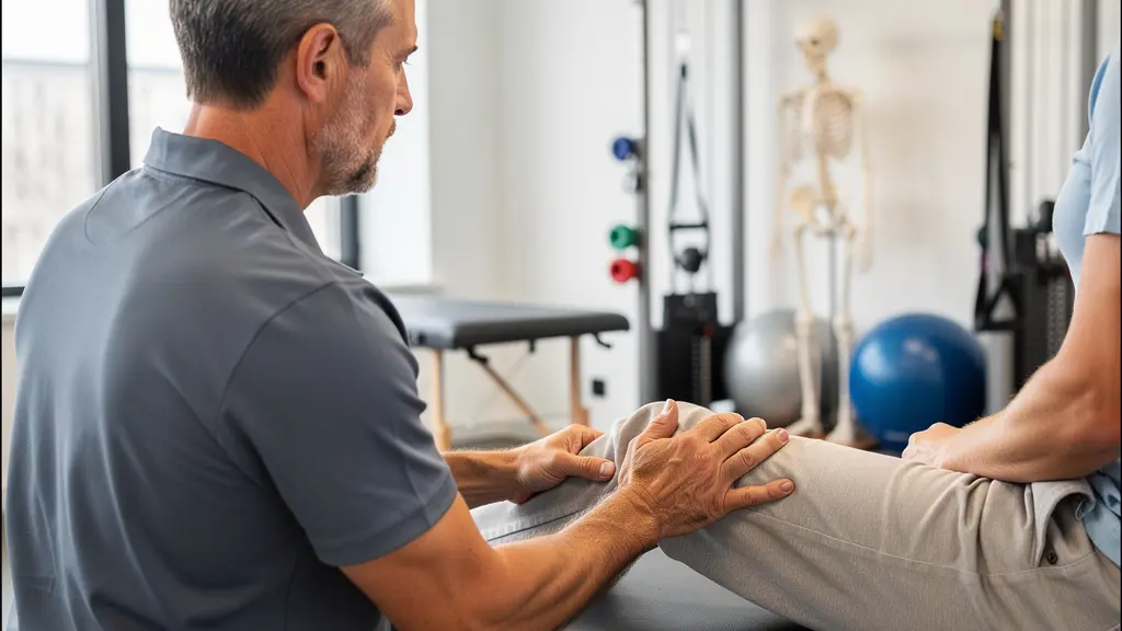 Kinésithérapeute évaluant la stabilité du genou d'un patient sportif