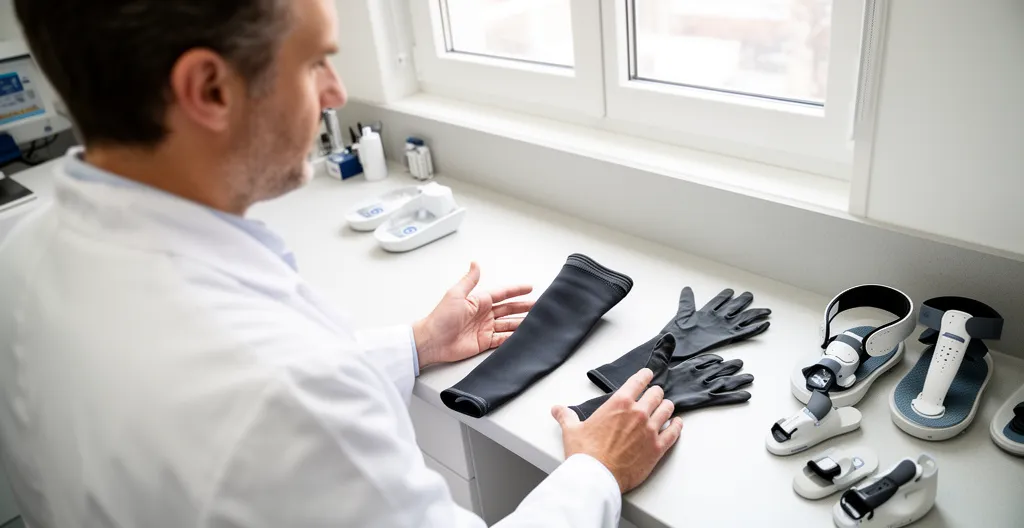 Spécialiste orthésiste présentant différents manchons et mitaines de compression