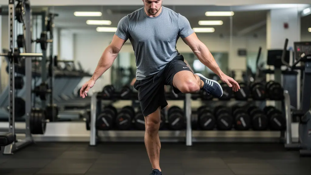 Sportif européen réalisant un exercice d'équilibre unipodal sur coussin proprioceptif