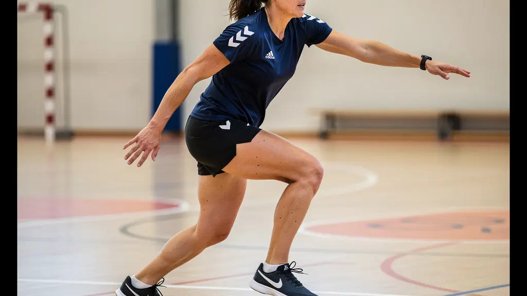 Sportive européenne exécutant un changement de direction sur terrain de handball